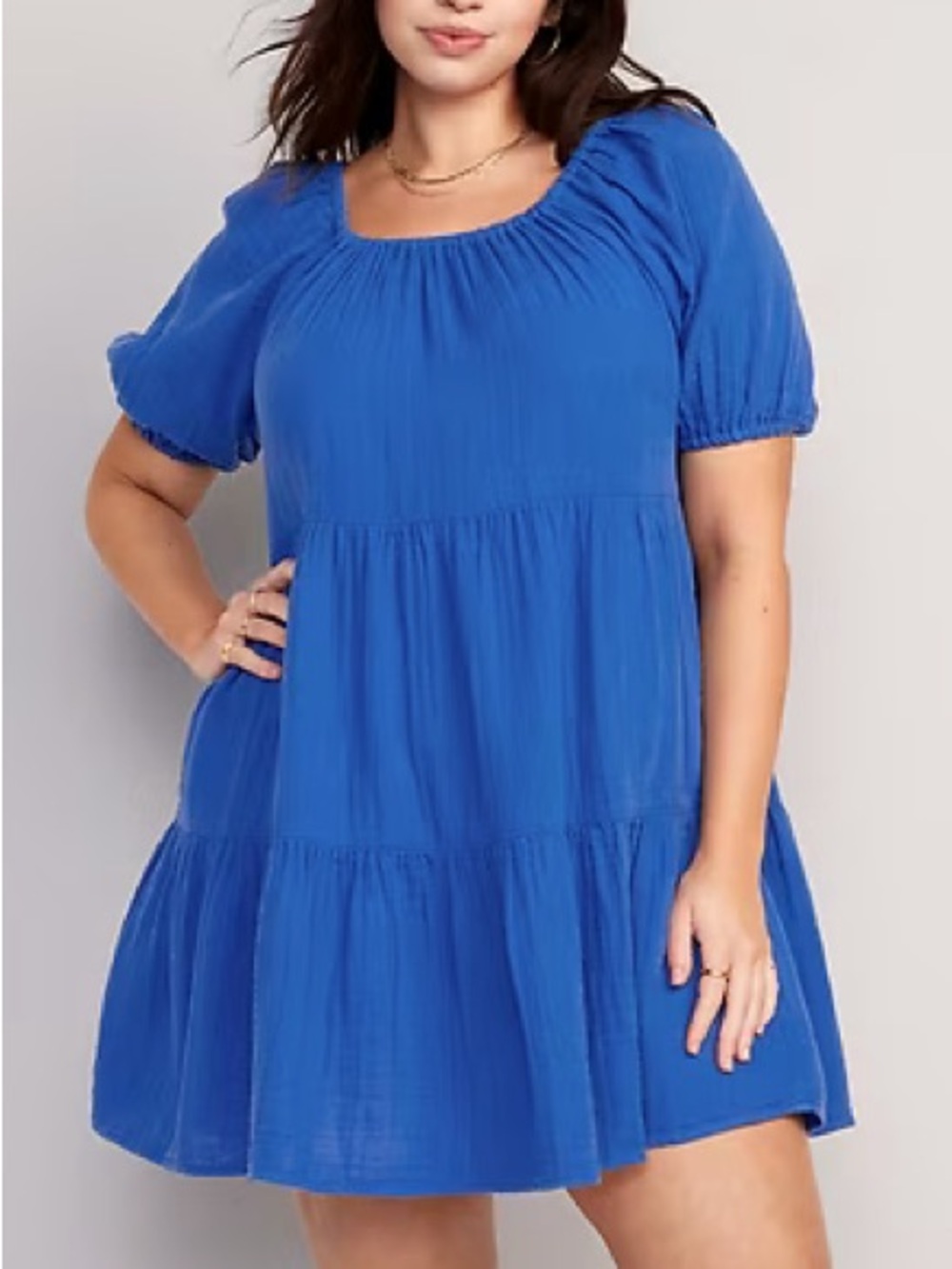Old Navy Women S Blue Sapphire Sky Pockets Puff-Sleeve Tiered Mini Swing Dress